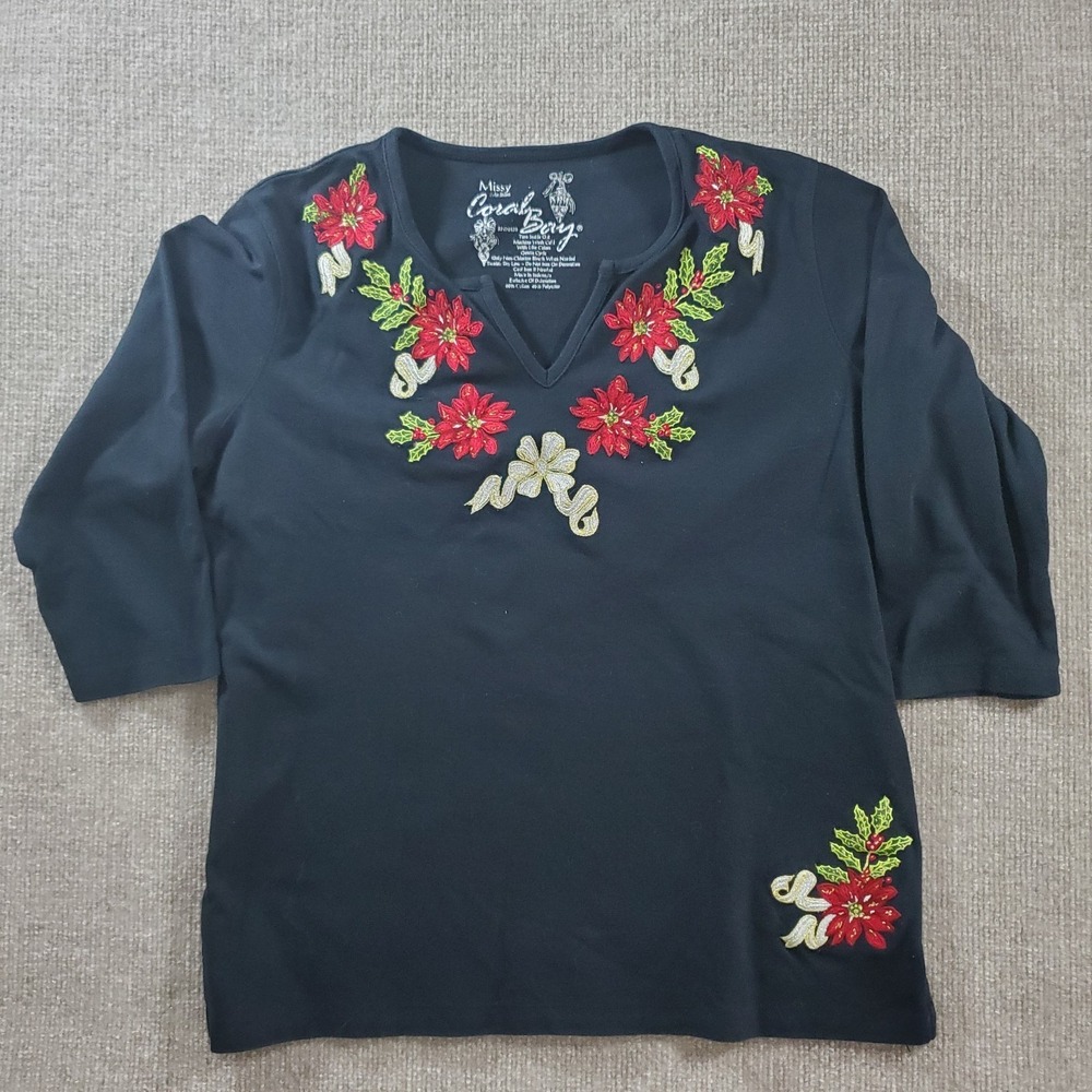 Coral Bay Christmas Top Womens M Black Embroidered Poinsettia Holiday